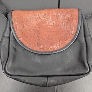 Romag Black & Brown Tooled Leather Crossbody Bag Adjustable Strap Boho Western